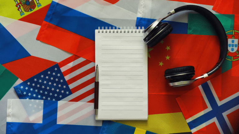 An image of country flags and a notepad